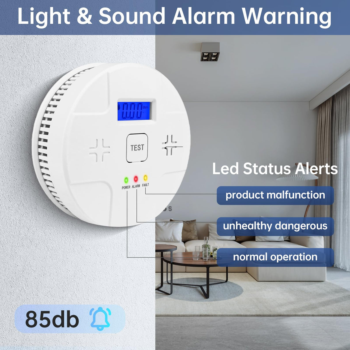 Smoke & Carbon Monoxide Alarms, Smoke Co Detector Combo with Led Digital Display, Sound Alarm, Battery Powered, 2 Packs
