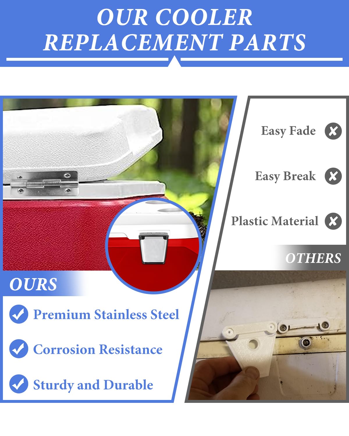 ATESMO Cooler Hinges & Latch Replacement for Igloo Cooler Replacement Parts Set, Stainless Steel Latch and Hinge Parts Kit with High-Strength Screws