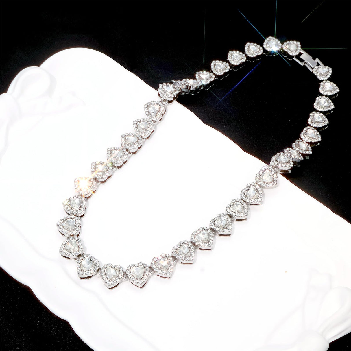 fasone Rhinestone Hearts Necklace, Iced Out Hearts Jewelry,Silver Tennis Necklace For Women,Tennis Necklaces For Women, Heart Tennis Necklace (White_17.7inch)