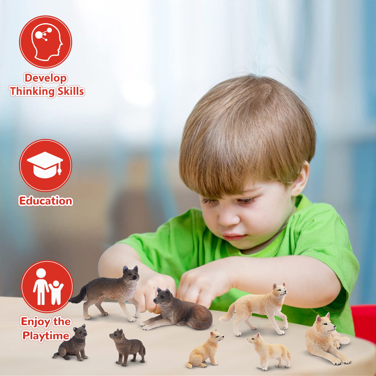 Toymany 8PCS Wolf Figures Forest Animals Toy Figurines - Realistic Jungle Zoo Animal Figurines,Educational Toy Cake Toppers Christmas Birthday Gift for Kids Boys Girls