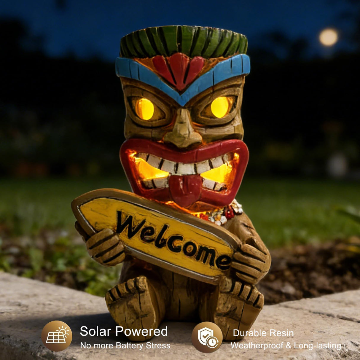 Suyorpe Miniature Tiki Garden Statue Solar Outdoor Decorations - Tiki Bar Welcome Sign Lights for Patio Yard Lawn Ornaments Gifts for Birthday Housewarming Summer 3.2''(W) x 3.4''(D) x 5.9''(H)