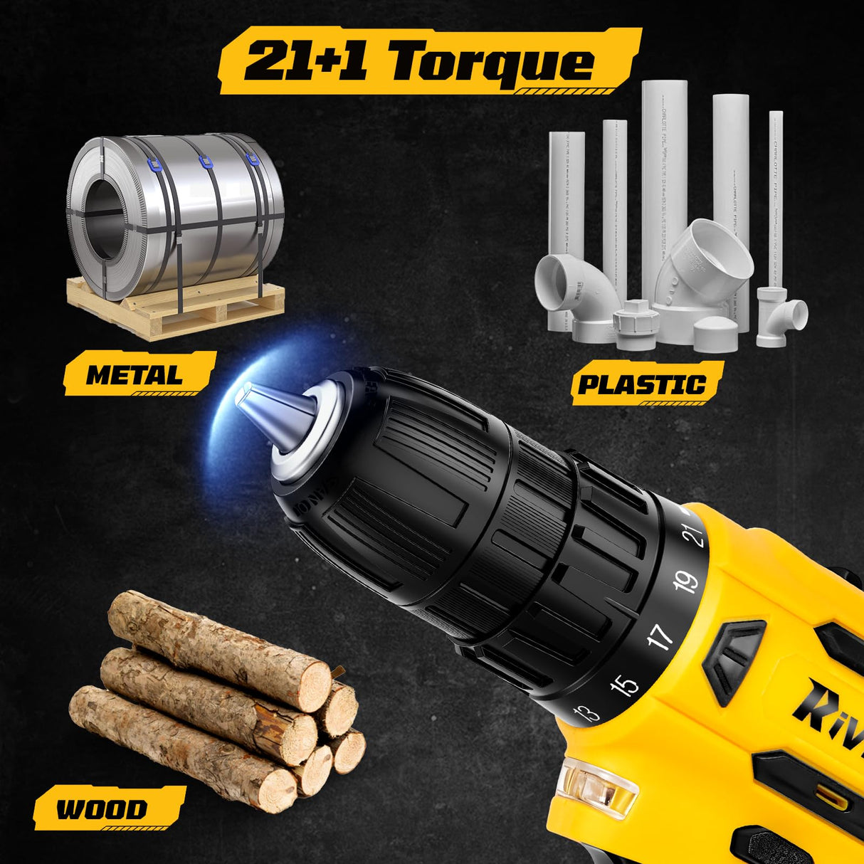 20V Cordless Drill Set,Electric Power Drill Cordless,Power Drill Drivers,Electric Screwdriver - 2.0Ah Batteries, 30Nm,21+1 Torque,2 Speed, Built-in LED,Kit for Home, Yellow