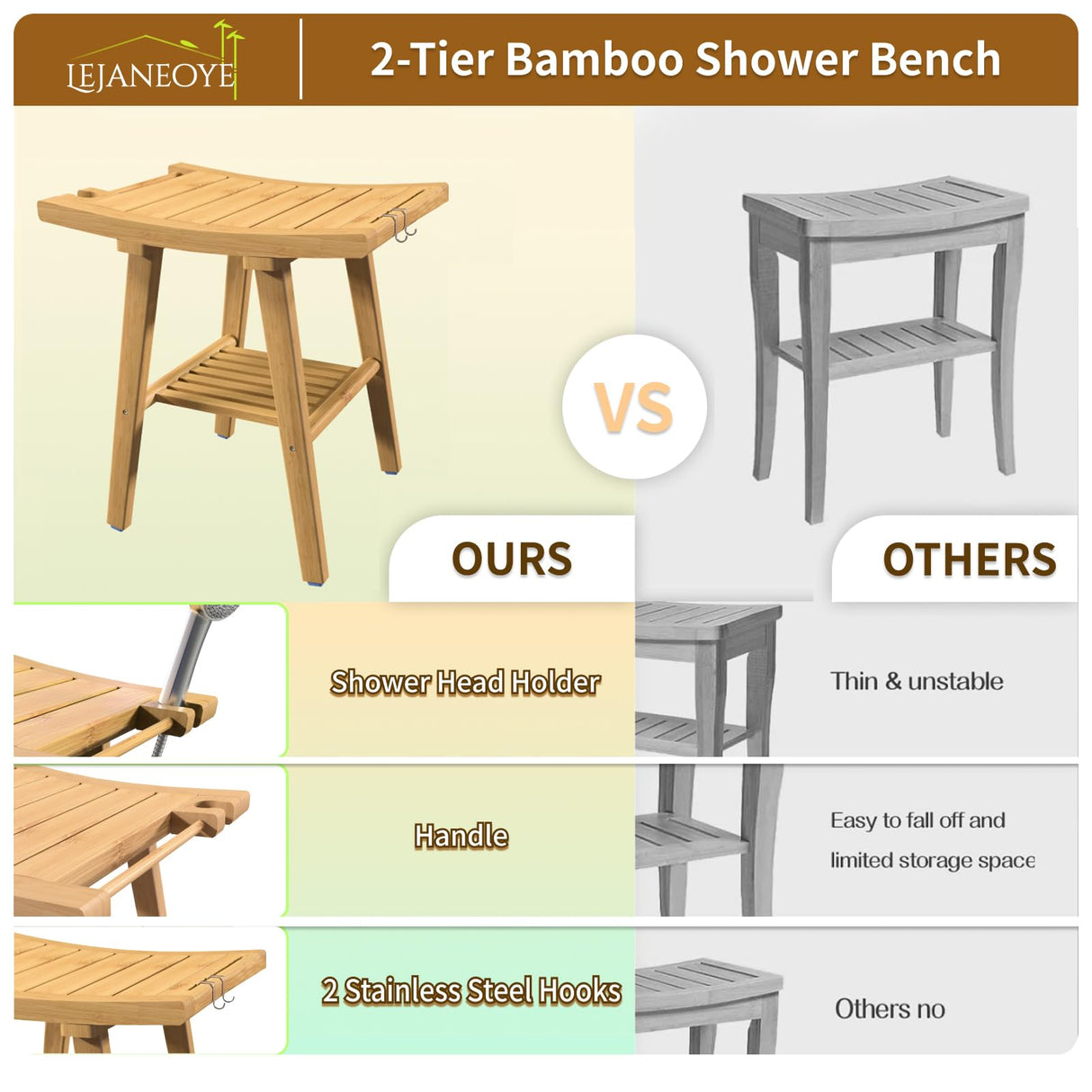 Bamboo Shower Bench Stool, Shower Chair for Inside Shower with 2-Tier Storage Shelf, Waterproof Shower Seat for Shaving Legs, Spa Bathroom Shower Bench for Senior Adult Disabled Elderly