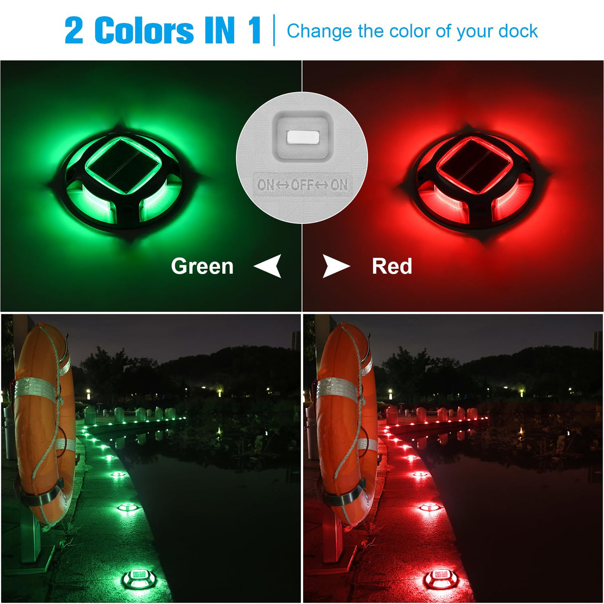 VOLISUN Christmas Solar Driveway Lights Dock Marine Lights 4 Pack,2 Colors in 1,Outdoor LED Deck Lights,Solar Powered Waterproof Warning Step Lights for Driveway Sidewalk Pathway (Red/Green)