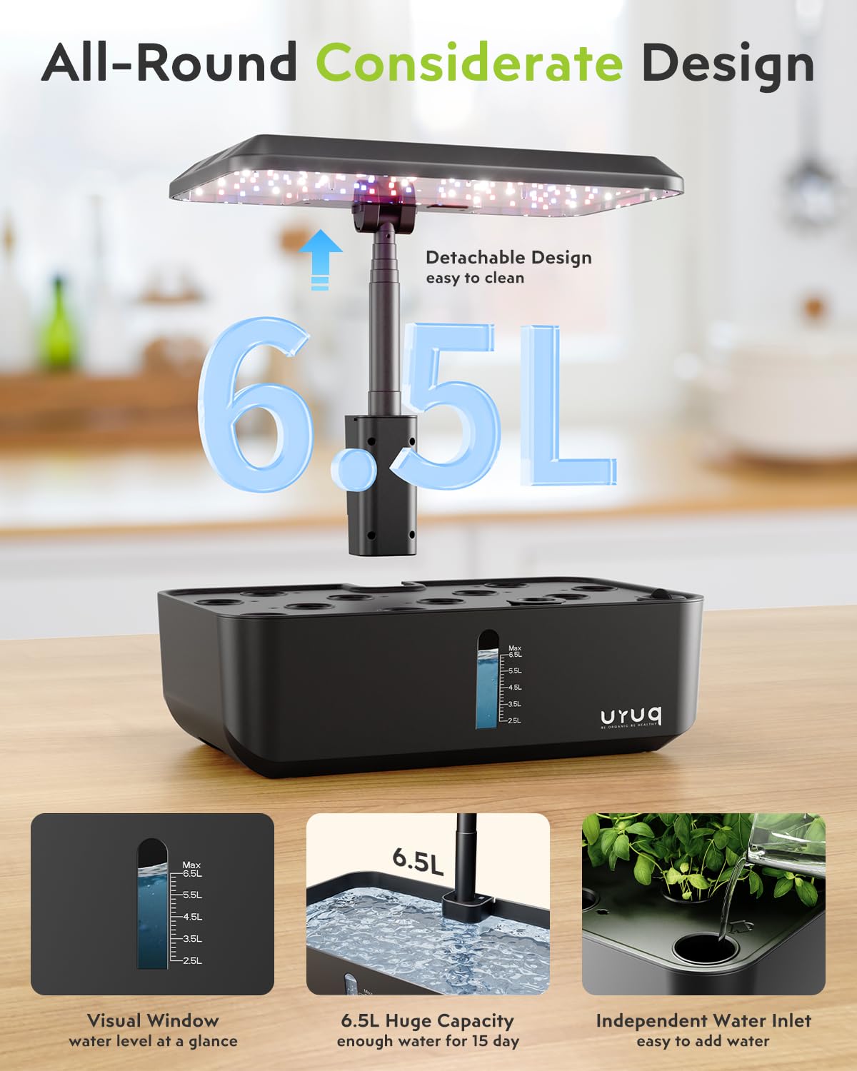 URUQ 12 Pods Hydroponic Growing System Grow Light Remote Control Charcoal