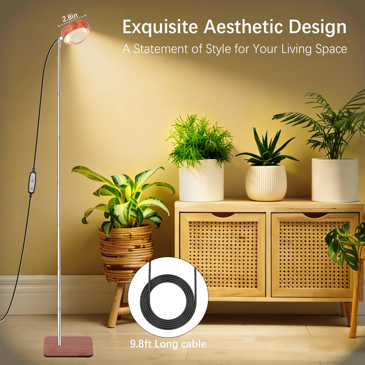 FECOLGT Grow Light for Indoor Plants, Full Spectrum Floor Plant Lamp with Convex Lens, Timer 6/12/18H, Faux Walnut Wood Grain, 12-57 inches Height Adjustable Desktop and Standing Growing Light