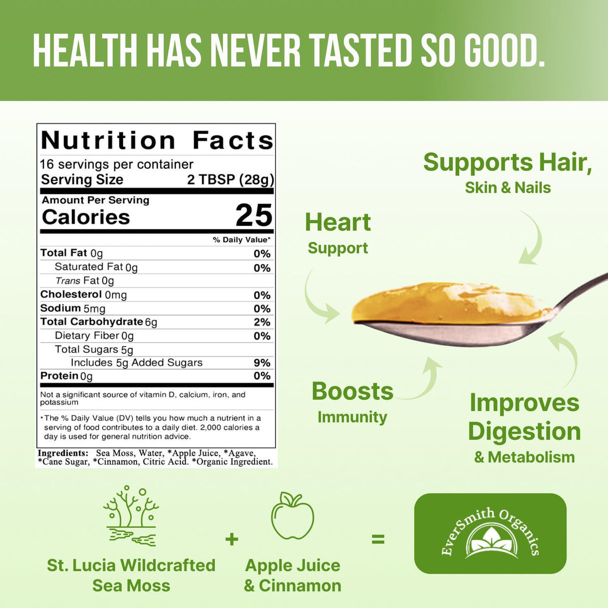 EverSmith Organics - Wildcrafted Irish Sea Moss Gel | Made in USA | Rich in Vitamins & Minerals | Sea Moss Gel Raw | Nutritional Supplement | Apple (16 oz)