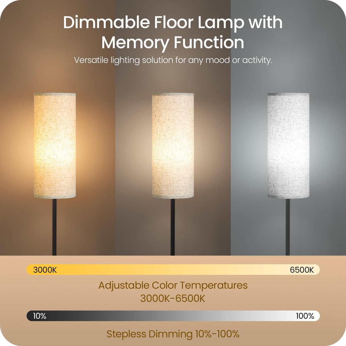 64.4” Slim Floor Lamp for Living Room with Magnetic Remote and Foot Switch, Dimmable Standing Tall Lamp Mood for Bedroom Nursery, 3 Color Temperatures, 1-Hour Timer,900LM Bulb Included,Beige E06LD05W1