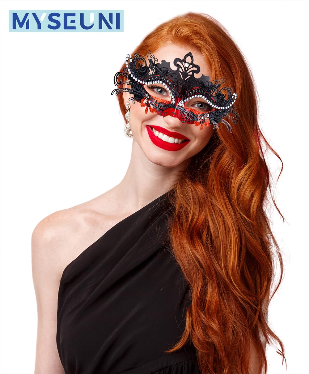 MYSEUNI Masquerade Mask for Couple Red - Shiny Rhinestone Venetian Mask & Mens Venetian Half Face Mask for Christmas Mardi Gras Party Halloween Costume Cosplay Prom Masked Ball