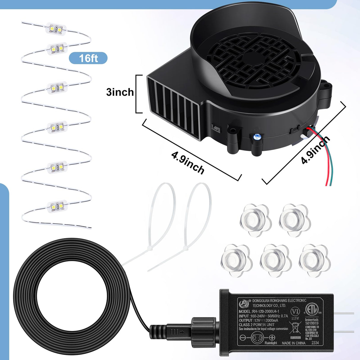 Landhoow Inflatable Replacement Fan Blower 12v 1.5a Air Blower Fan for Inflatables with 6 Adapter LED Lights Waterproof for Halloween Christmas Outdoor Yard Decorations