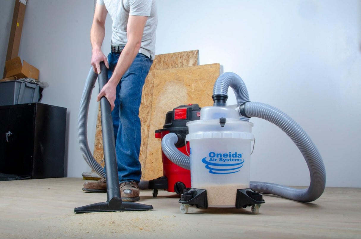 Oneida Dust Deputy Low-Pro Deluxe Lid Dust Separator Kit with Clear 5-Gallon Dust Collection Bucket, 3 ft Hose, 2.5 in Adapter, & Mounted Casters for Shop Wet Dry Vacuums - Made in USA