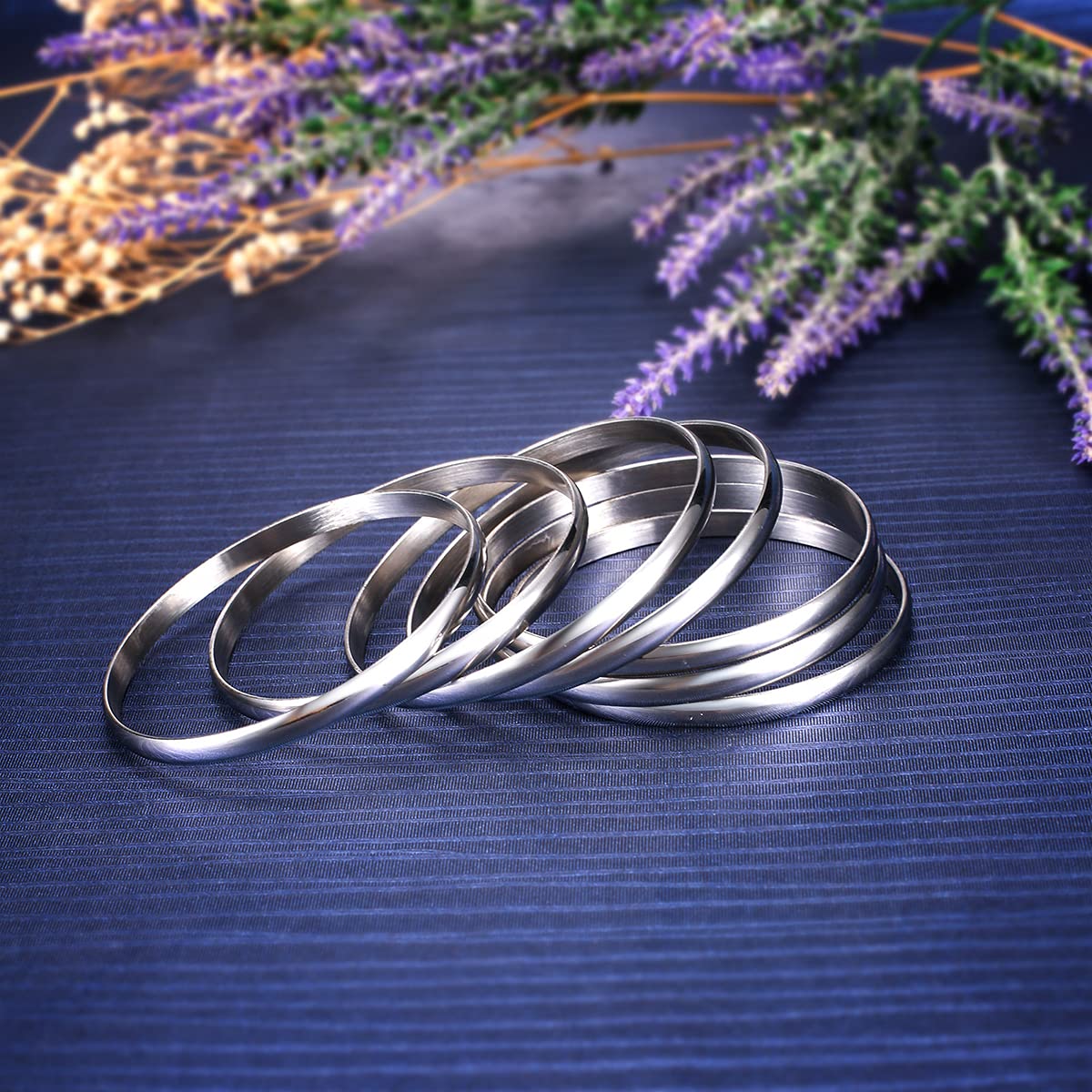 Castillna Glossy Stainless Steel Bangle Bracelets Set for Women, Silver, Set of 7 Pieces, 7.8 inches