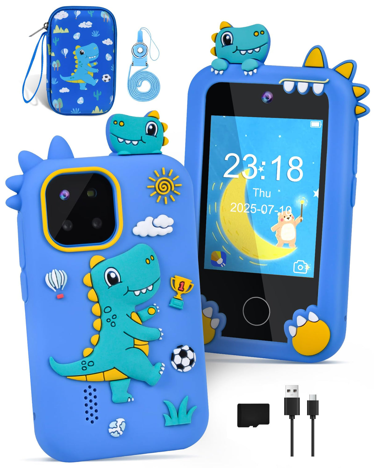 Jusvenmt Kids Phone for Boys, Dinosaur Toy Phone Christmas Birthday Gifts for Boy Ages 3-10, Toddler Learning Phones with Touchscreen, 44 Game, Dual Camera, Music Player, 32GB Card & Dino Bag (Blue)
