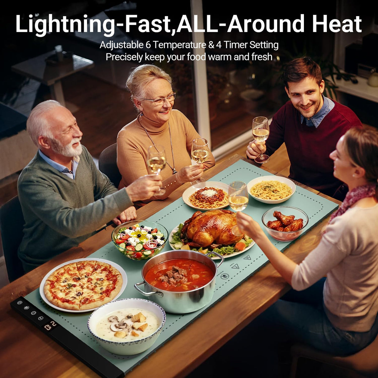 Warming Mat for Food - Full Surface Rapid Heating, Rollable & Portable Food Warmer Mat with 6 Temperature Settings and 1-4 Hours Adjustable Timer, Silicone Heating Mat for Party Buffet (Green-XXL)