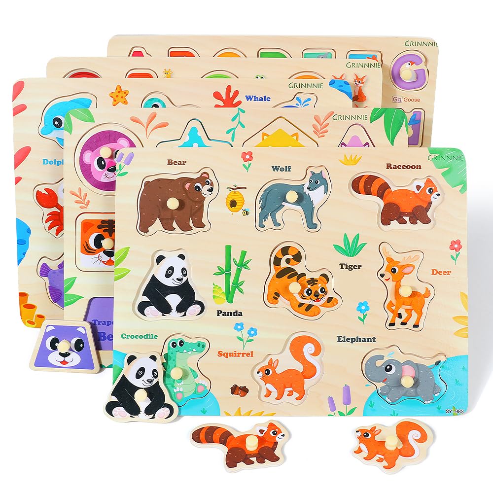 GRINNNIE Wooden Puzzles for Toddlers 3 4 5 Years Old, Montessori Toddler Toys 5PCS Peg Puzzles with Knob - Number, Alphabet, Shape, and Animal, Great Christmas Birthday Gifts for Boys Girls