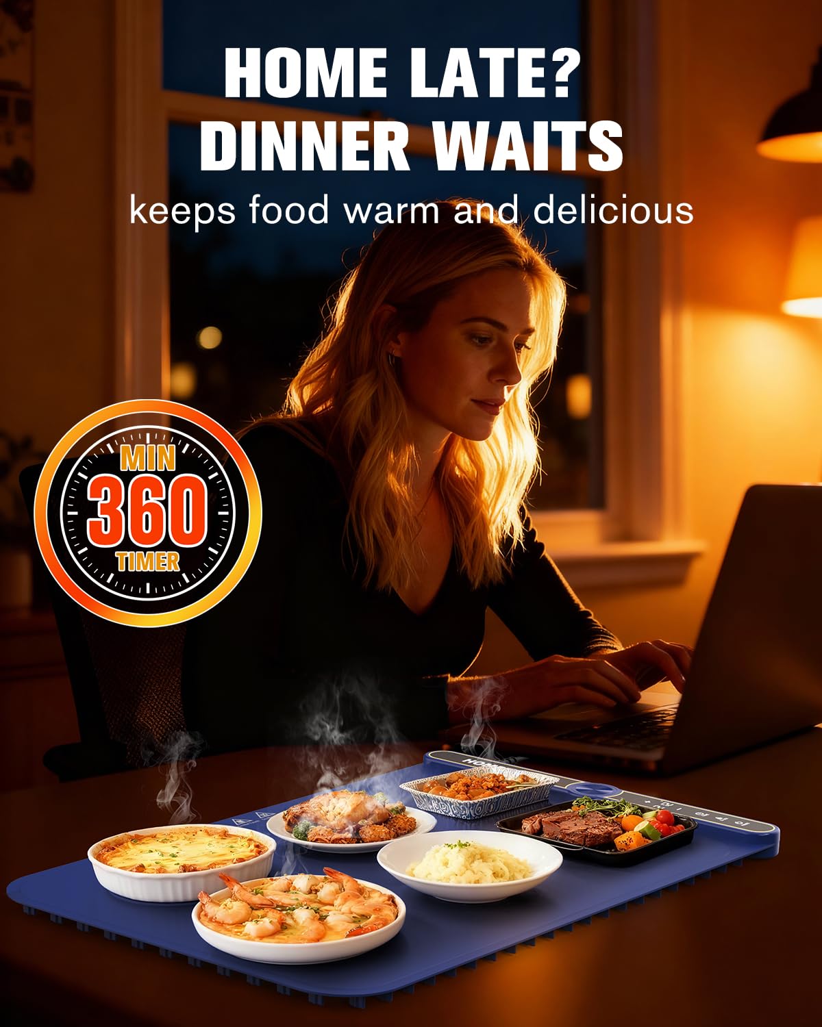 Food Warming Mat, Rapid Heating Electric Warming Tray with 9 Temp Setting and 6 Hours Timer,Foldable Warming Trays for Food, Portable Food Warmers for Parties Buffet, Blue