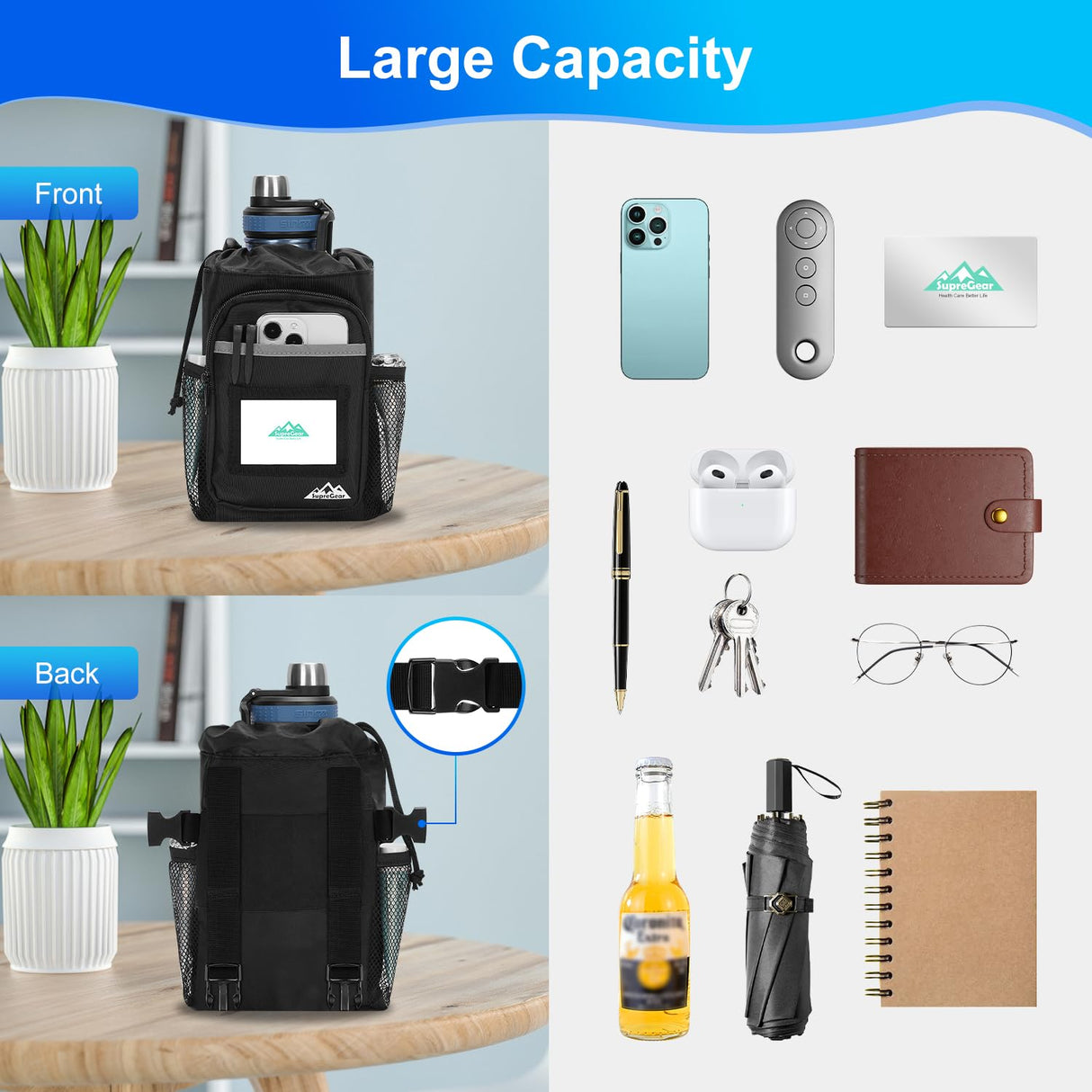 supregear Crutch Accessories Bag, Water-Resistant Storage Pouch with Cup Holder and Multiple Pockets, Large Capacity Organizer for Underarm Crutches, Black