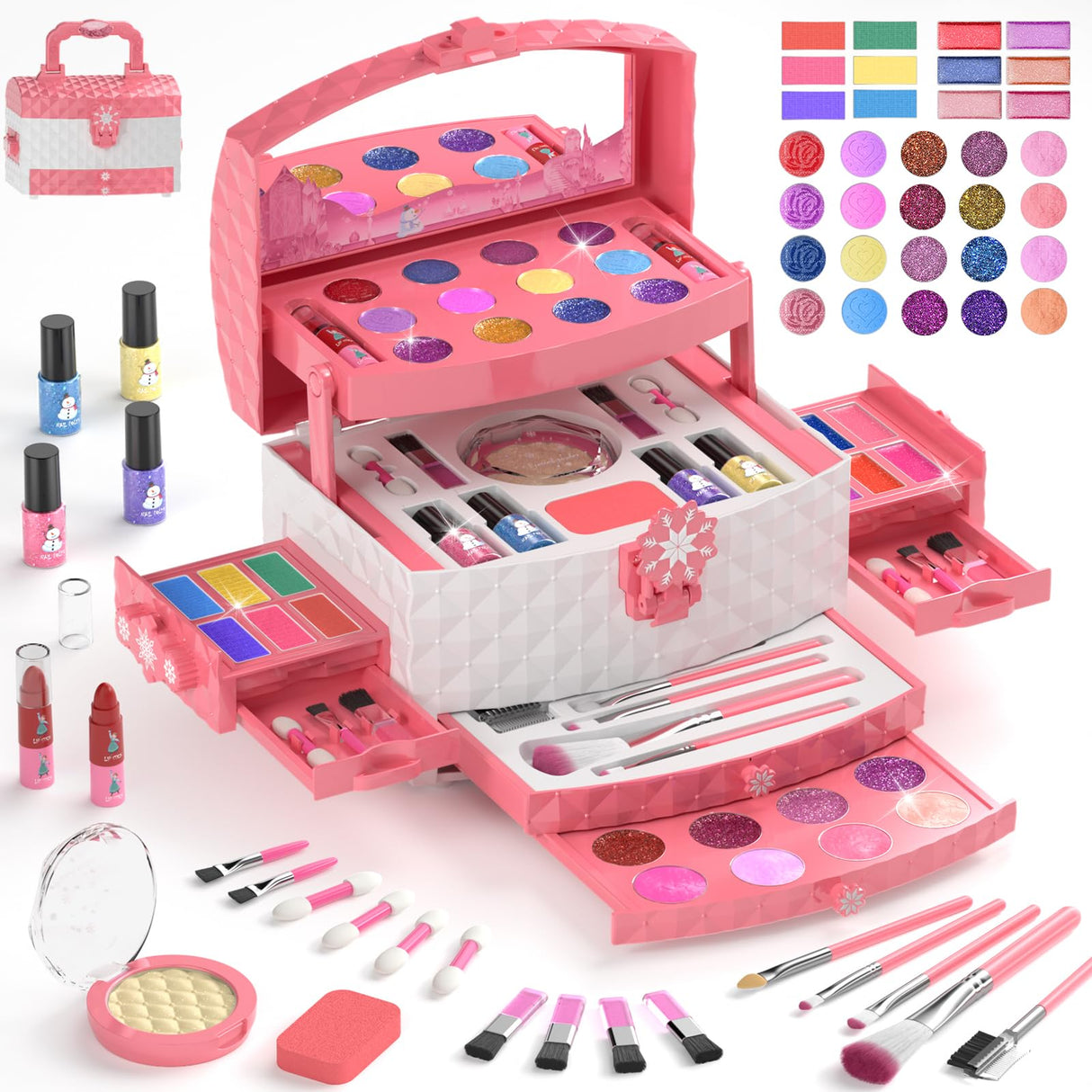 GirlsHome Kids Makeup Set for Girl 56 Pcs Washable Real Cosmetic, Non-Toxic Frozen Toys Toddler Makeup Kit, Frozen Princess Dress up Kit Christmas & Birthday Girl Gift for 3-12 (Frozen Pink)