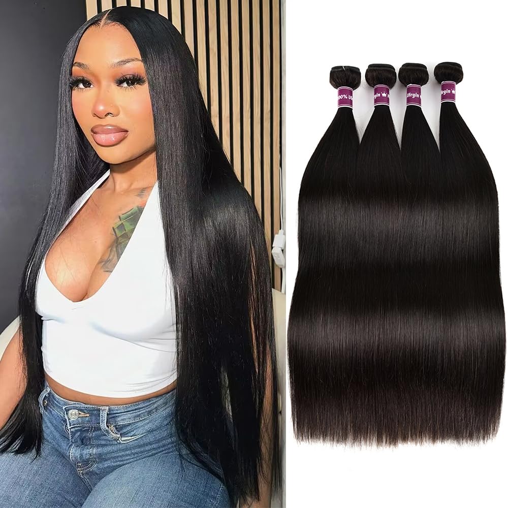 12A Human Hair Bundles 28 28 30 30 Inch Straight Bundles Human Hair 100% Unprocessed Brazilian Virgin Hair 4 Bundles Deals Human Hair Extensions Quick Weave Bundles Human Hair Natural Black