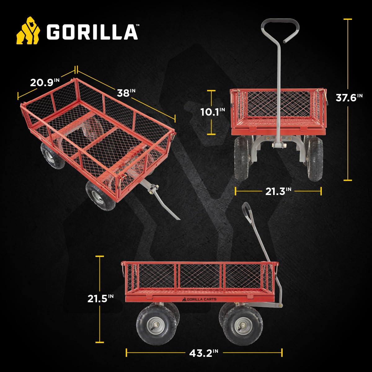 Gorilla Carts Steel Utility Cart, 800 lb Capacity, 4 Cu Ft., Black