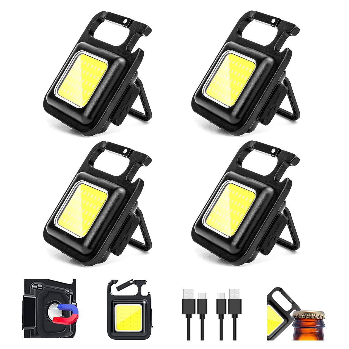 MAKDAK COB Rechargeable Keychain Flashlight 4Pack, High Lumen Super Bright LED Work Light with Magnet,Clip,Bottle Opener for Dog Walking,Car Repair, Emergency,Camping,EDC