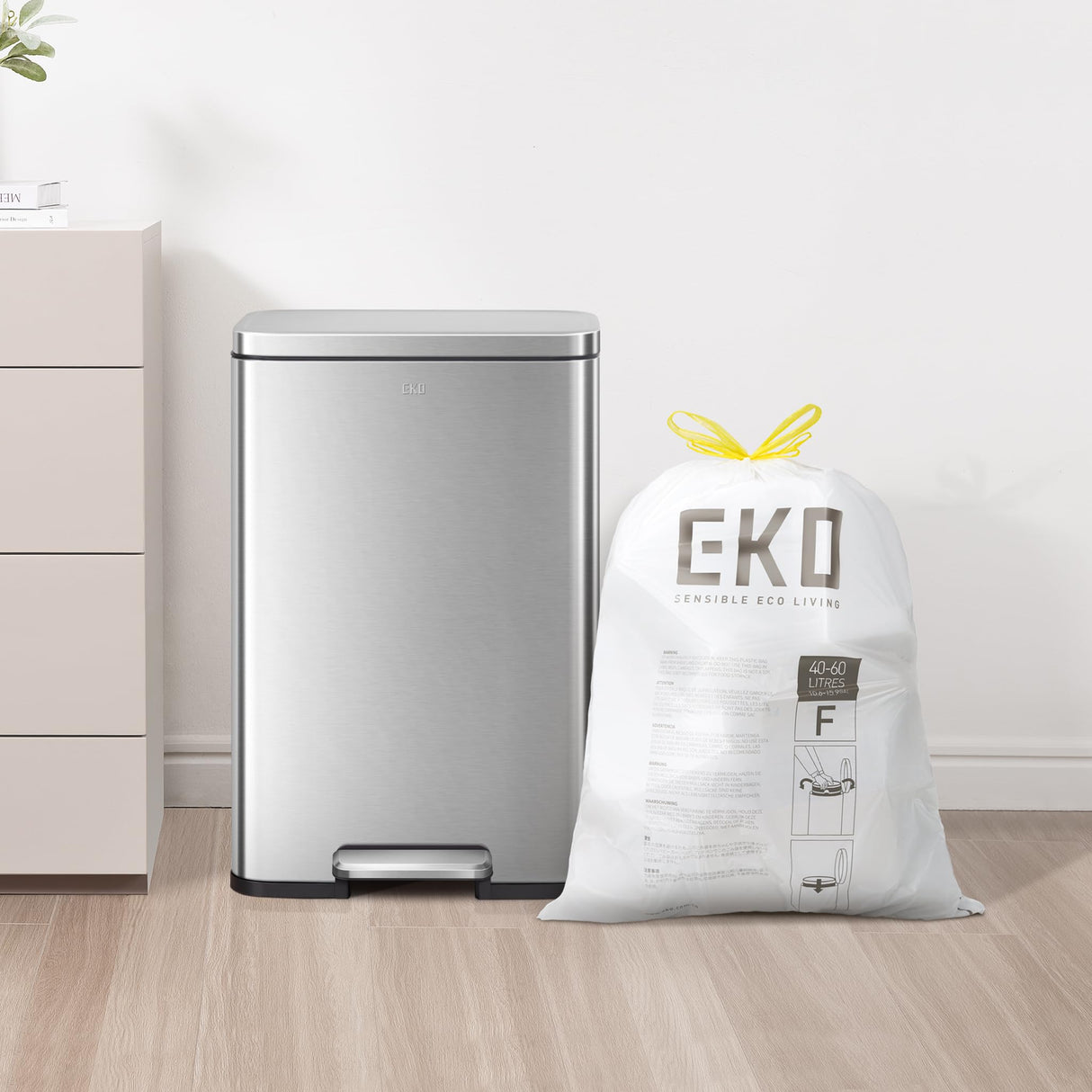 EKO Extra Strong 13 Gallon Large Drawstring Trash Bags, Heavy-Duty Garbage Bags for Kitchen & Household Use (50L), Leak-Resistant, 110 Count, Code F