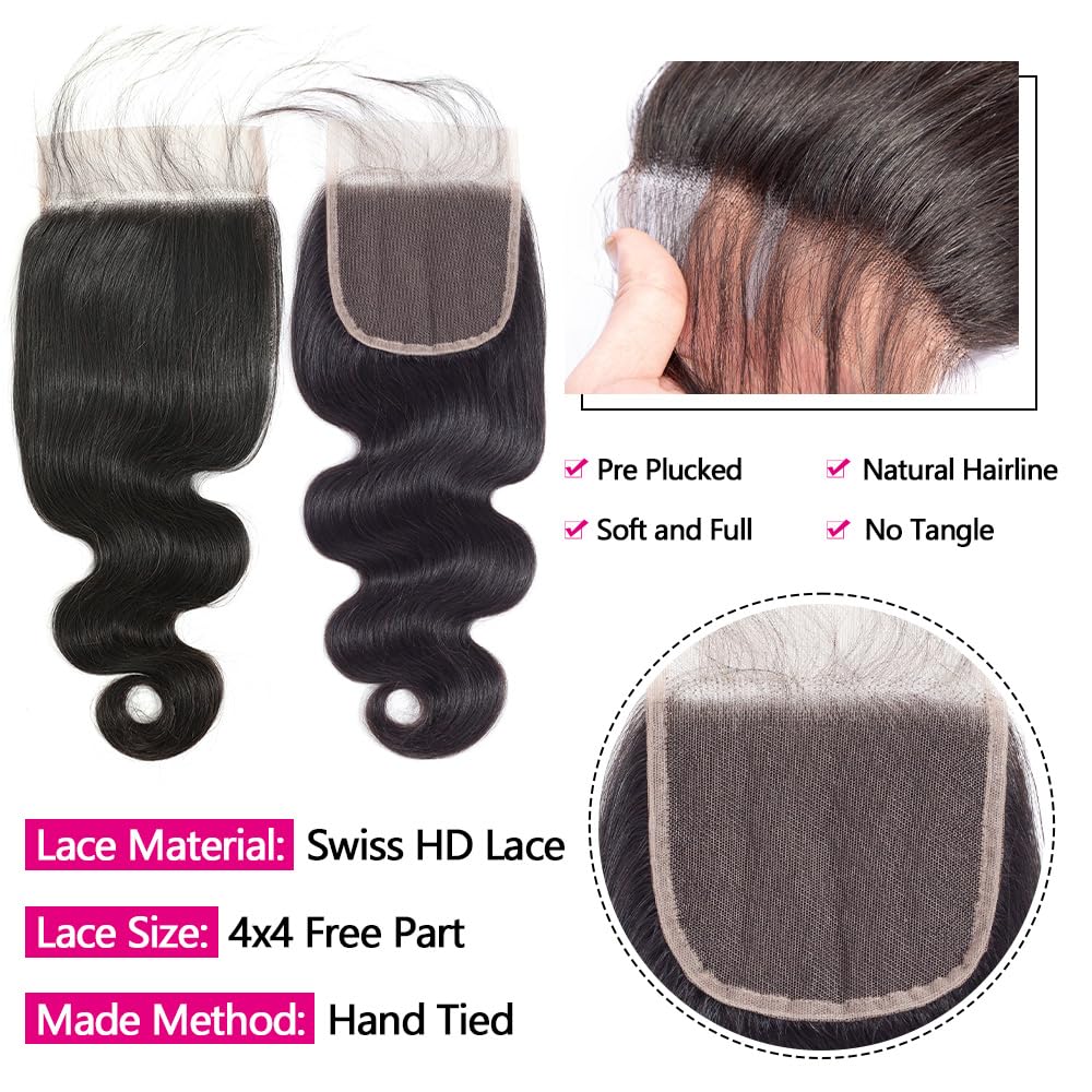 12A Human Hair Bundles with Closure 16 18 20 with 14 Inch Brazilian Body Wave Bundles Human Hair with Closure 100% Unprocessed Virgin Human Hair Weave 3 Bundles Deals with 4x4 HD Lace Closure