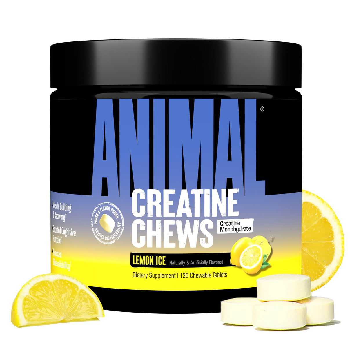 Animal Creatine Chews Tablets - Enhanced Creatine Monohydrate with AstraGin to Improve Absorption, Sea Salt for Added Pumps, Delicious and Convenient Chewable Tablets - Lemon Ice