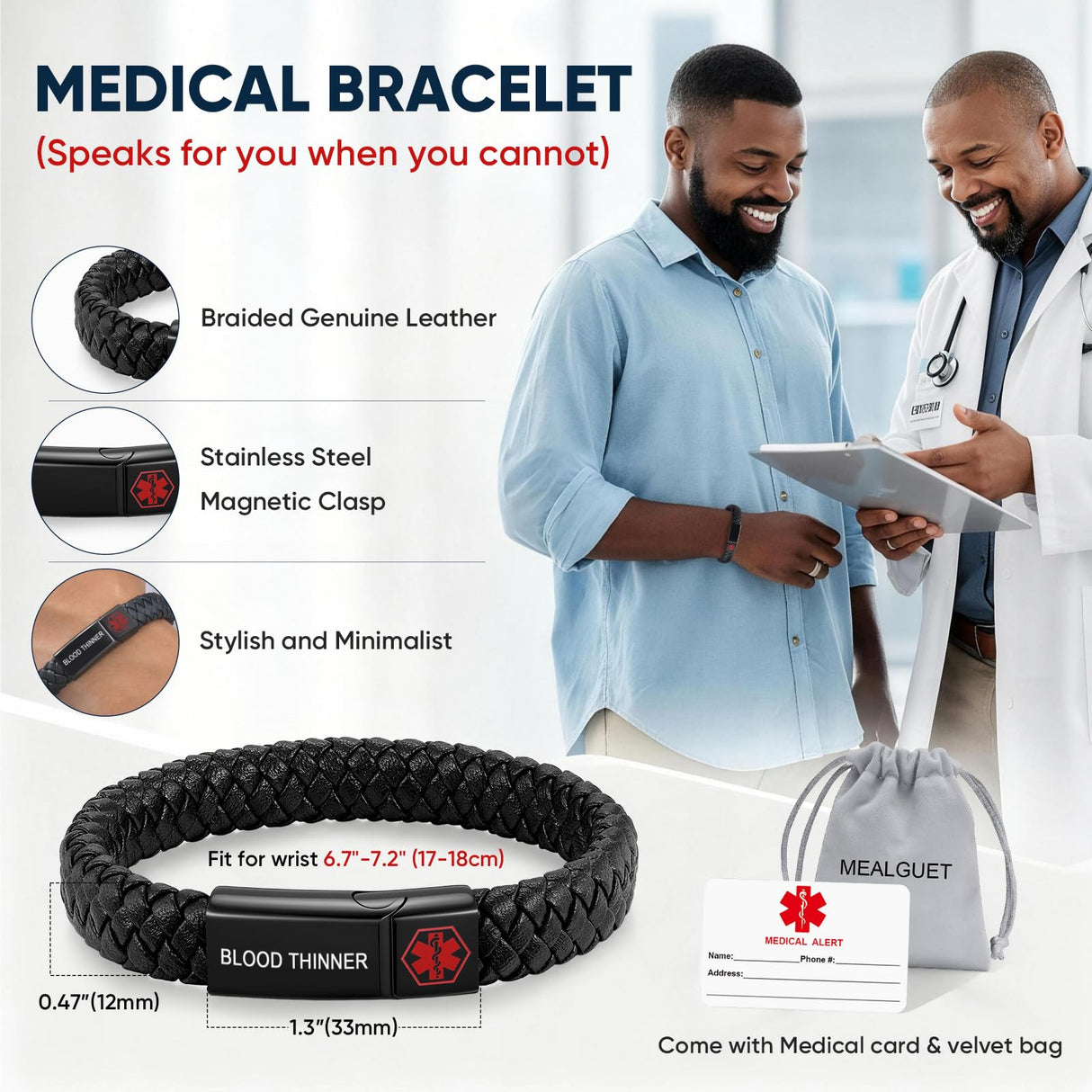 MEALGUET BLOOD THINNER Braided Genuine Leather Medical ID Wristband Mens Medical Alert Leather Bracelet with Stainless Steel Clasp