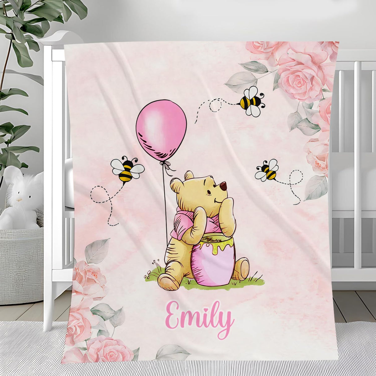 DUNITA Personalized Pooh Bear Blanket, Classic Winnie Blankets, Customized Baby Blankets for Girls Boy, Bear Throw Blanket, Pooh for Baby, Gift Birthday Christmas for Little Ones, Nursery Décor-01