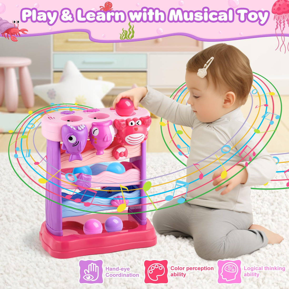 V-Opitos Musical Toy for 1, 2 Years Old Boys & Girls, Feeding Interactive Toys with Ball, Montessori Education Toys, Perfect Toddler Christmas Birthday Gifts