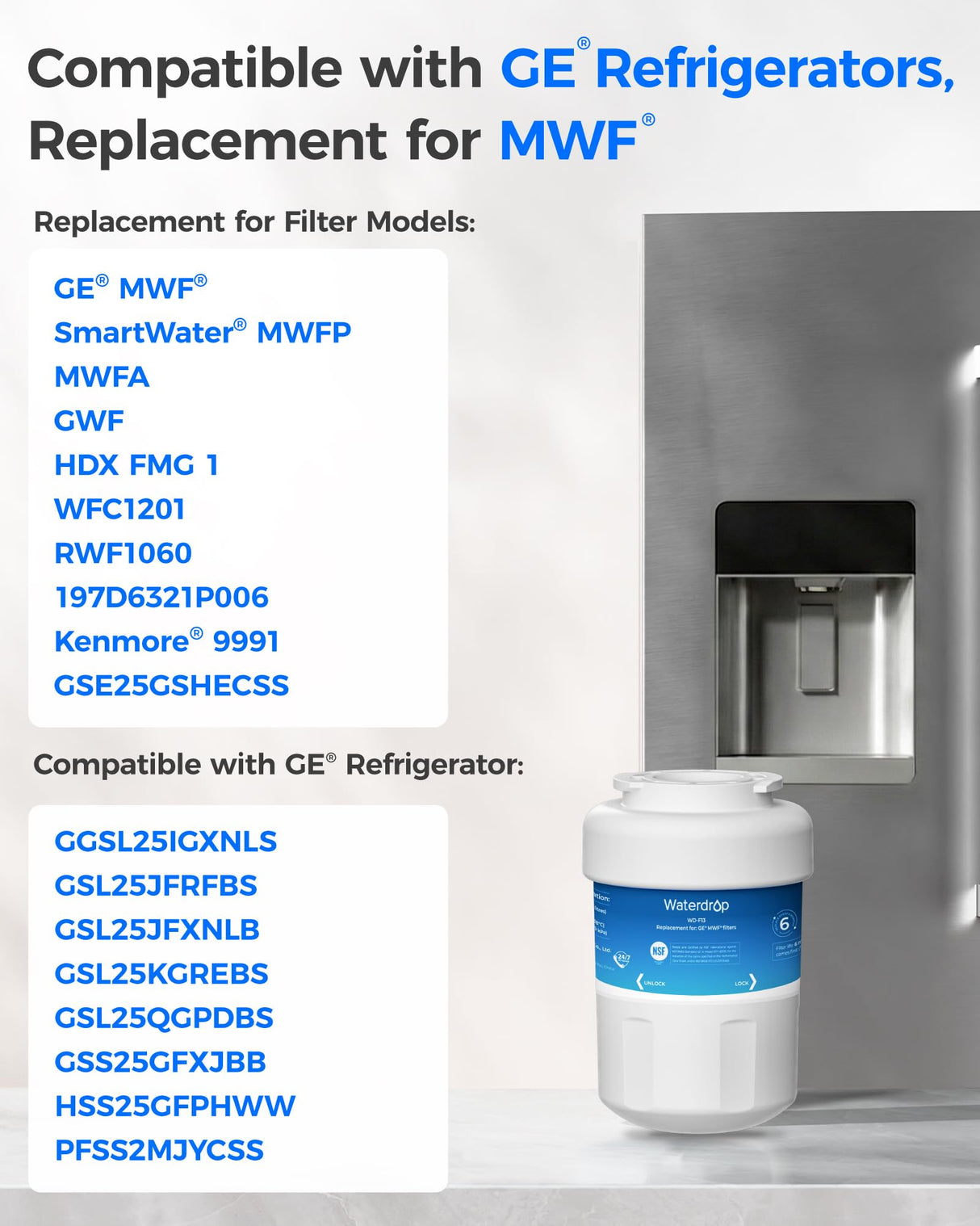 Waterdrop WD-F13 Replacement for GE® MWF®, SmartWater® MWFP, MWFINT, MWFA, GWF, HDX FMG-1, Kenmore® 9991, GSE25GSHECSS, WFC1201 Water Filter, 3 Pack