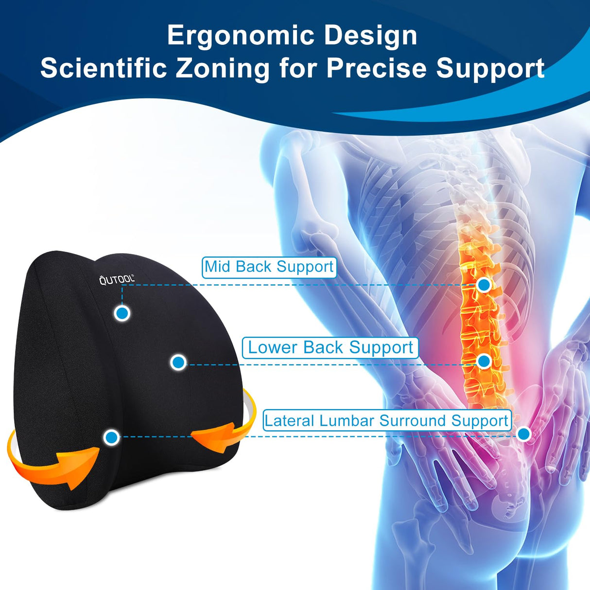 QUTOOL Lumbar Support Pillow for Office Chair, Memory Foam Low Back Support,Back Pain Relief, Ergonomic Large Back Cushion for Desk Chair,Gaming Chair,Adjustable Strap and Washable Cover