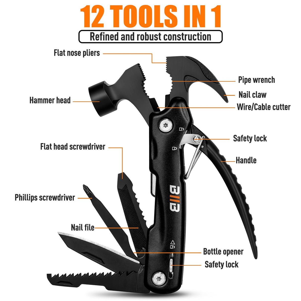 BIIB Gifts for Men, 12 in 1 Hammer Multitool, Anniversary Birthday Gifts for Men, Mens Gifts for Him Dad Husband Boyfriend, Dad Gift for Mens Who Have Everything, Camping Essentials Survival Gear Tool