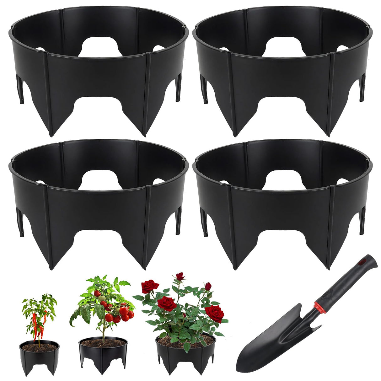 24PCS Planting Grow Rings with Shovel, Diameter Range 8.3-15.7in Adjustable Round Plant Support Garden Circle Ring for Watering Planting Edging Border Ring for Vegetables (24, Black)