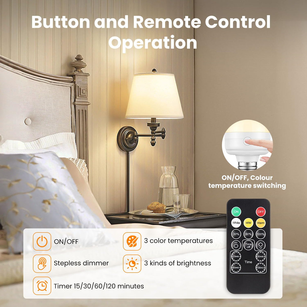 Rechargeable Light Bulb with Remote - E26 2Pack 5W 350LM Dimmable Detachable LED Bulb 3 Color Temperature Options & 3 Timer, 2000mAh Battery Operated Magnetic Bulbs, Bulbs for Non-Hardwired Fixture