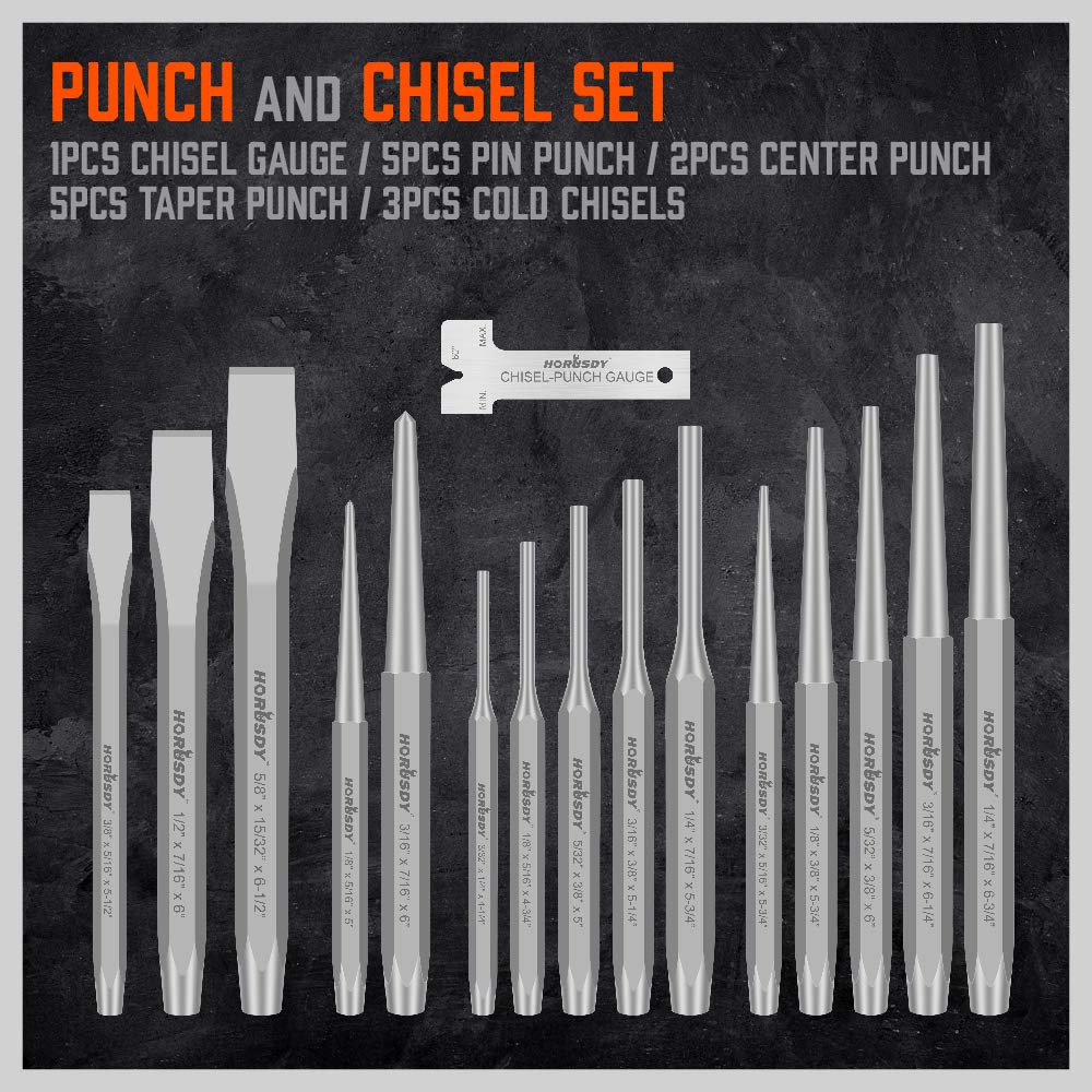 HORUSDY 16-Piece Punch and Chisel Set, Including Taper, Cold Chisels, Pin, Center