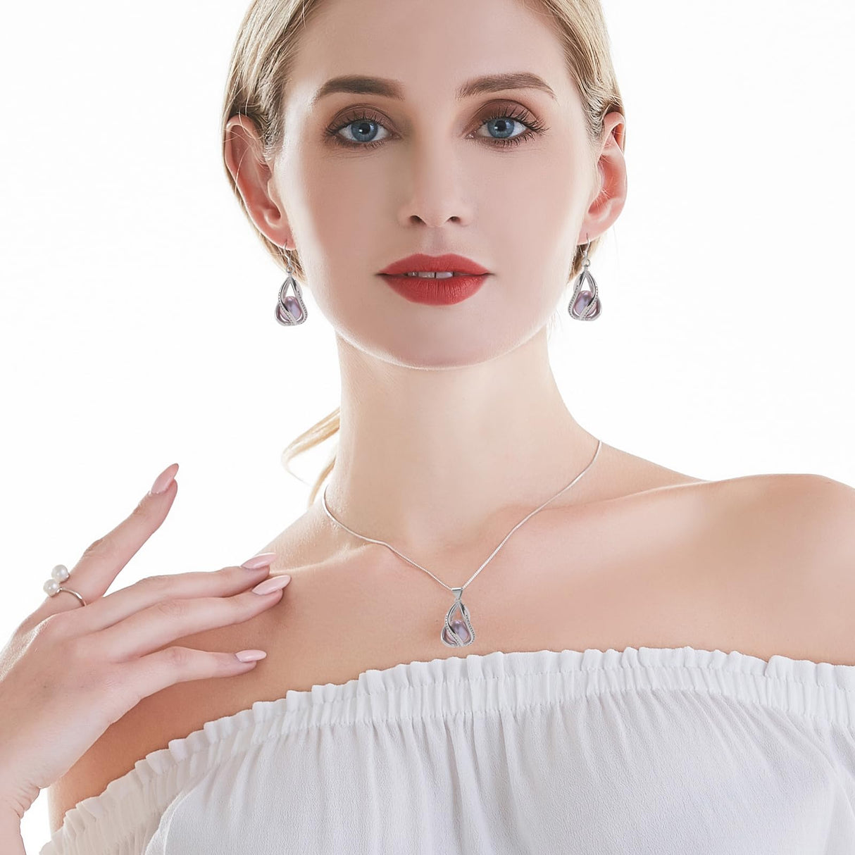 HENGSHENG Pearl Jewelry Set For Women S925 Sterling Silver Necklace & Earrings Set Freshwater Pearl Pendant Cage Set for Wedding Anniversary Prom Birthday Gift - Silvery Purple