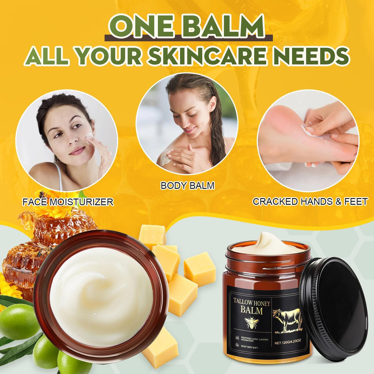 Beef Tallow for Skin,Organic Whipped Beef Tallow Face Moisturizer with Raw Honey and Beeswax,Natural Grass Fed Tallow and Honey Balm,Moisturizer for Face,Body&Sensitive Skin,Light Scented (4.23OZ)