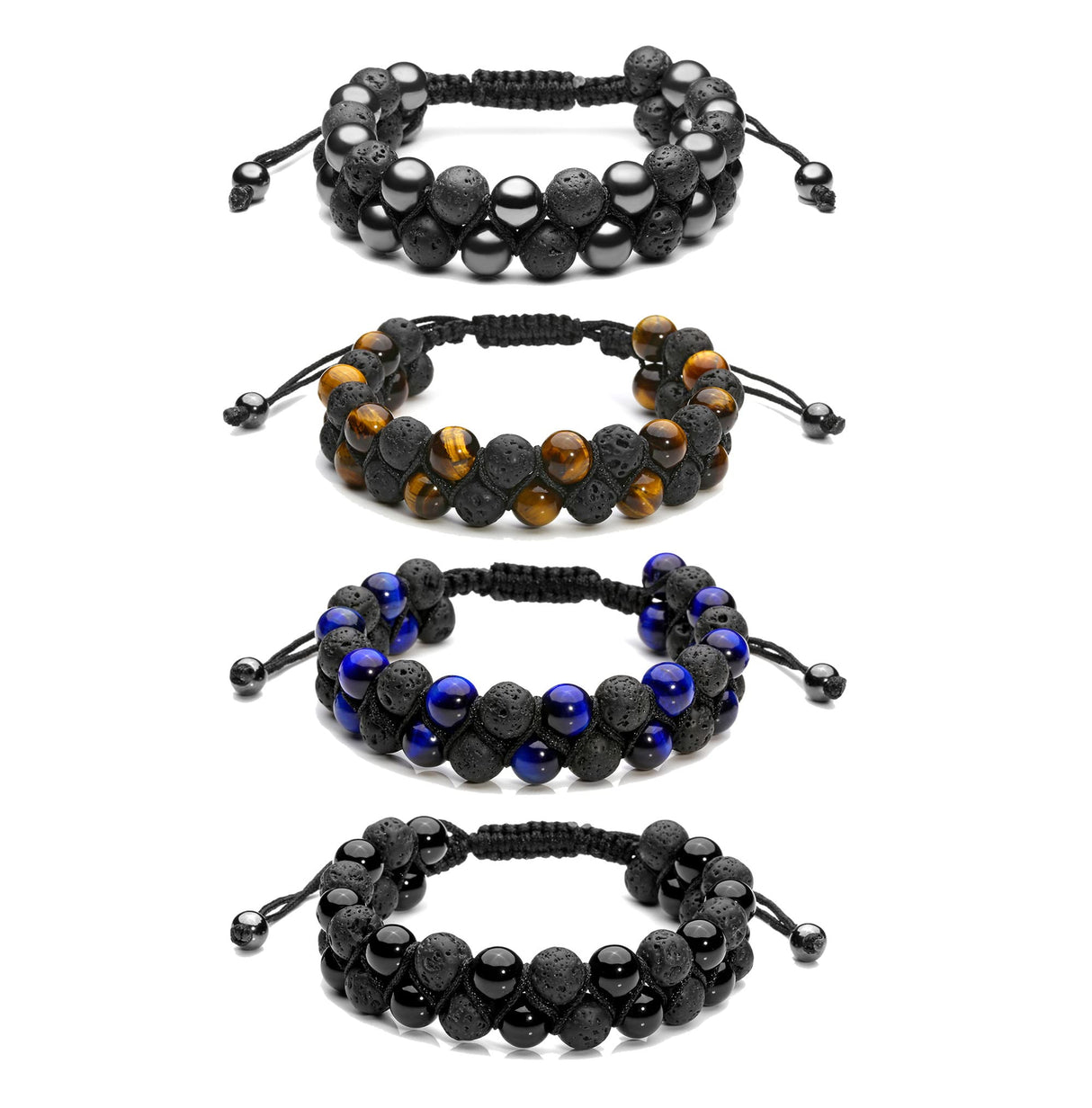 Jovivi 4pcs Mens Lava Rock Stone Essential Oil Bracelet Tiger Eye Agate Beads Double Layer Bracelets Macrame Adjustable Braided
