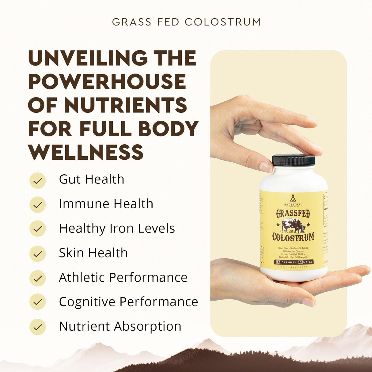 Ancestral Supplements Grass Fed Beef Colostrum Supplement, 3000 mg, Offers Immune Support and Promotes Gut Health, Athletic Performance, Healthy Iron Levels, Growth and Repair, Non GMO, 180 Capsules