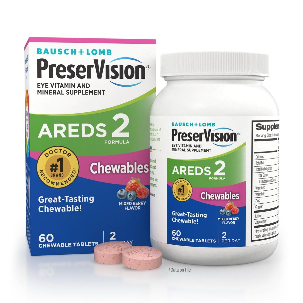 PreserVision AREDS 2 Eye Vitamins, #1 Eye Doctor Recommended Brand, Chewable Lutein and Zeaxanthin Supplement with Vitamin C, Vitamin E,Zinc, and Copper, Mixed Berry, 60 Tablets