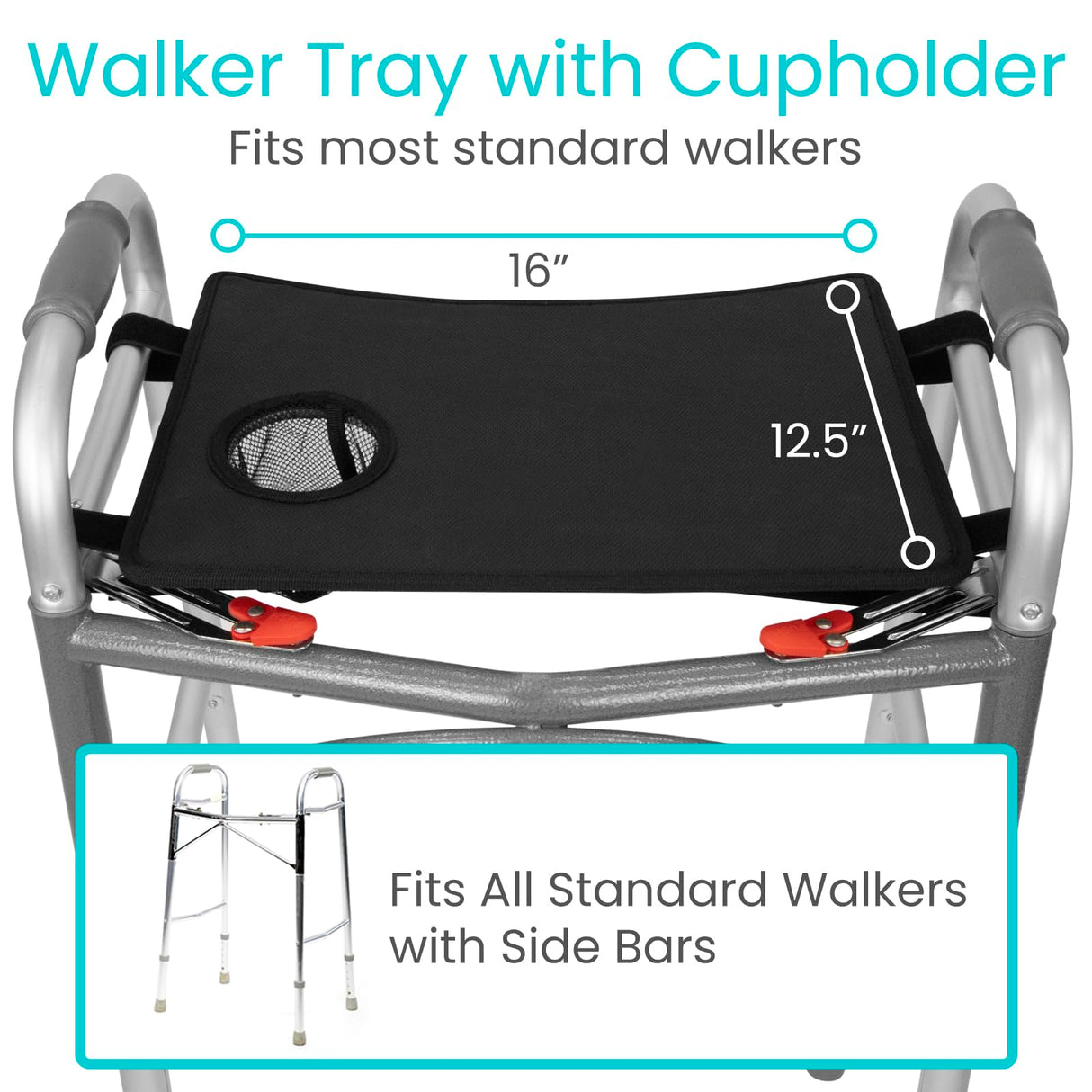 Vive Walker Tray for Folding Walker - (w/Cup Holder) - Adult Mobility Accessories - Fits Standard Walkers - Medical Table for Seniors Non Slip Mat for Food - Removable & Easy Assembly (Black)