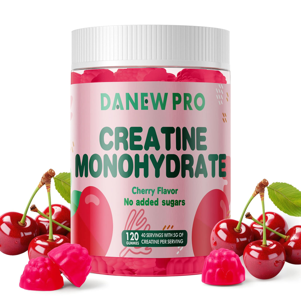 DANEW Pro Creatine Monohydrate Gummies 5000mg for Men & Women, Creatine Monohydrate for Muscle Strength, Muscle Builder, Energy Boost, Pre-Workout Supplement(120 Count)-Cherry Flavor