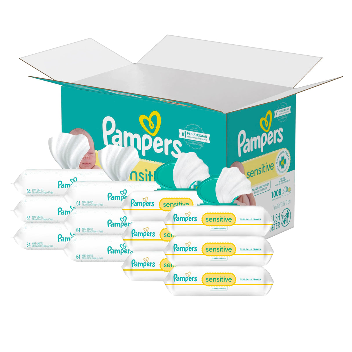 Pampers Baby Wipes, Sensitive, Water Based Wipe, Clinically Proven, Hypoallergenic, and Unscented for Babies, 1008 Wipes Total (12 Flip-Top Packs)