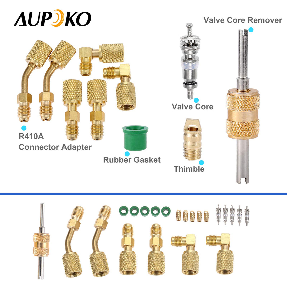 Aupoko R410A Charging Vacuum Port Adapter Kit, 2PC 45 Degree Angled and 90 Degree Charging Vacuum Adapters, 2PC R410A Straight Swivel Adapters, 5/16" Female to 1/4" Male Flare for Mini Split System