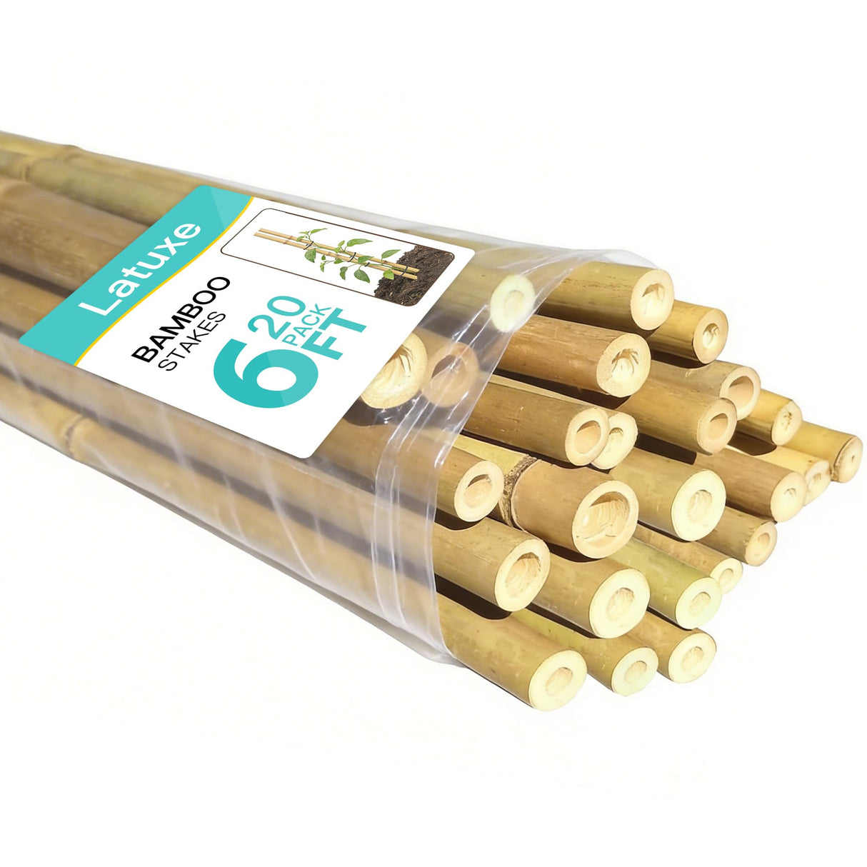 Latuxe Bamboo Stakes 6FT, 20pcs Garden Stakes 72in Specifically Designed for Climbing Plants, Ideal for Tomatoes, Beans, Cucumbers, Peppers, Vines, and More Plant Growth