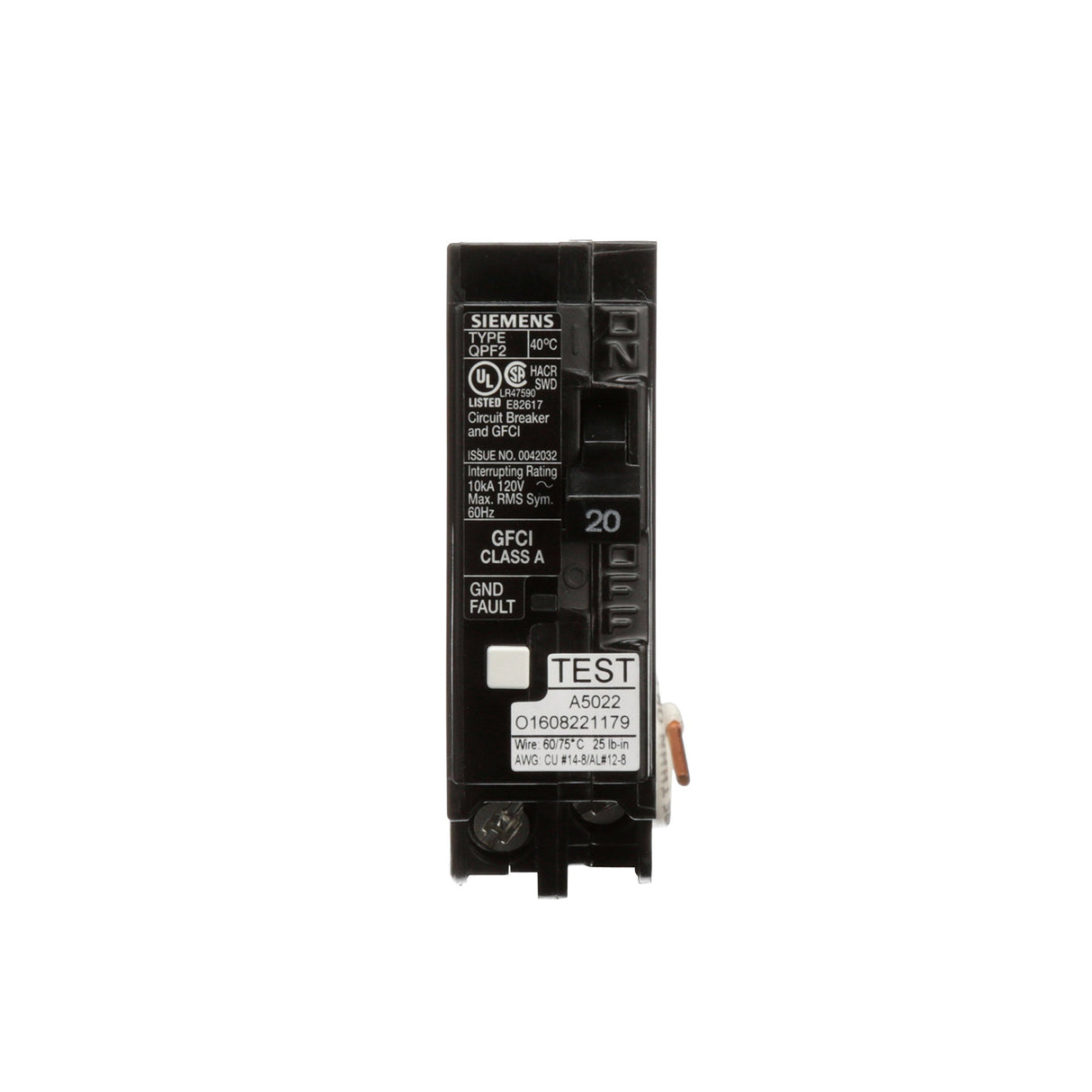 SIEMENS QF120A Gfci Circuit Breaker, Plug In, Self Testing, 20 Amp, 1-Pole, 120 Volt