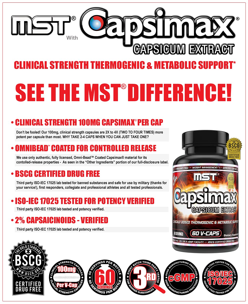 MST Capsimax Supplement 100mg V Capsules, 60 Servings Clinically Dosed Weight Management, Thermogenic, Appetite Control, Calorie Burning, Metabolic Health, Stimulant Free. BSCG Certified