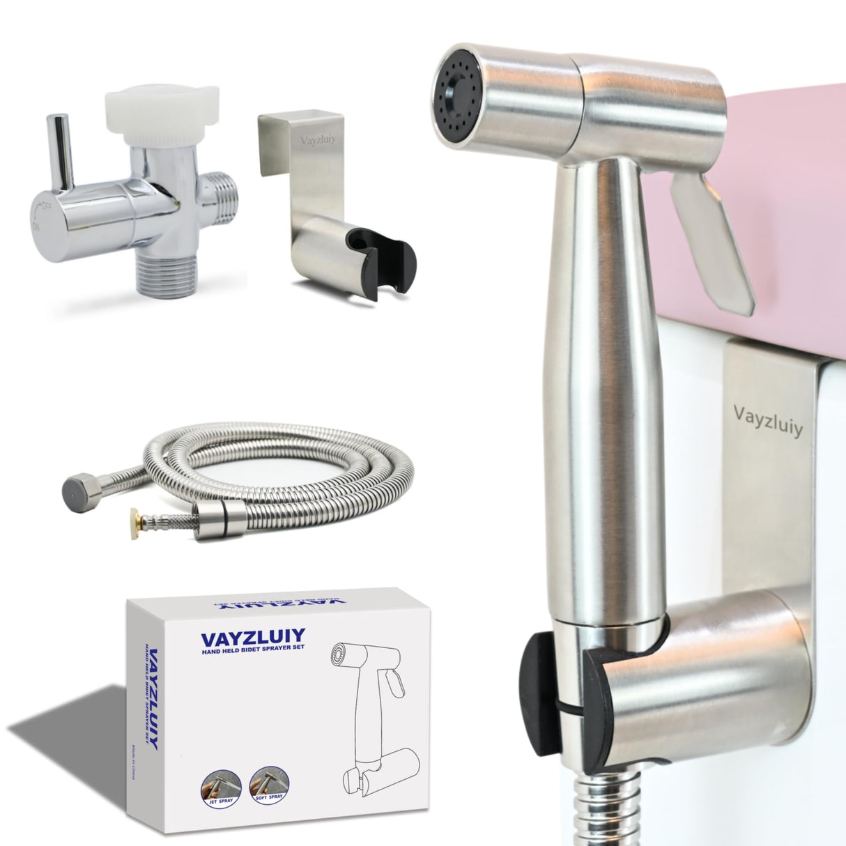 Vayzluiy Handheld Toilet Bidet Sprayer for Toilet-Adjustable Water Pressure Control with Bidet Hose for Feminine Wash, Stainless Steel Brushed Nickel Cloth Diaper for Baby Wash (Stainless Steel, 1)